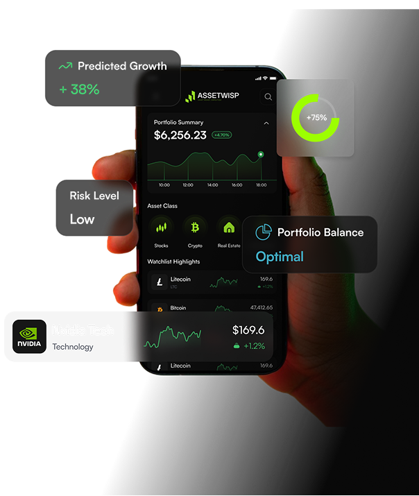 AssetWisp app showing portfolio insights, AI signals, and market data