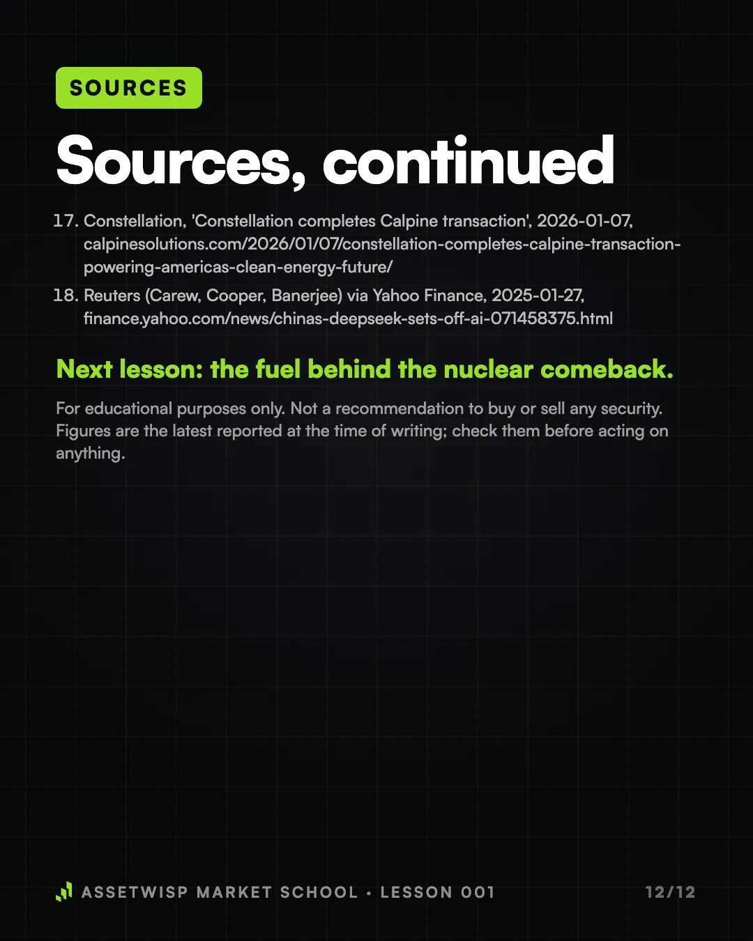Page 12 of 12. Sources, page 3 and the next lesson